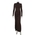 Fall Winter Women High Collar Long Sleeve Stitching Lace up Waist Controlled Slim Fit Solid Color Dress Women