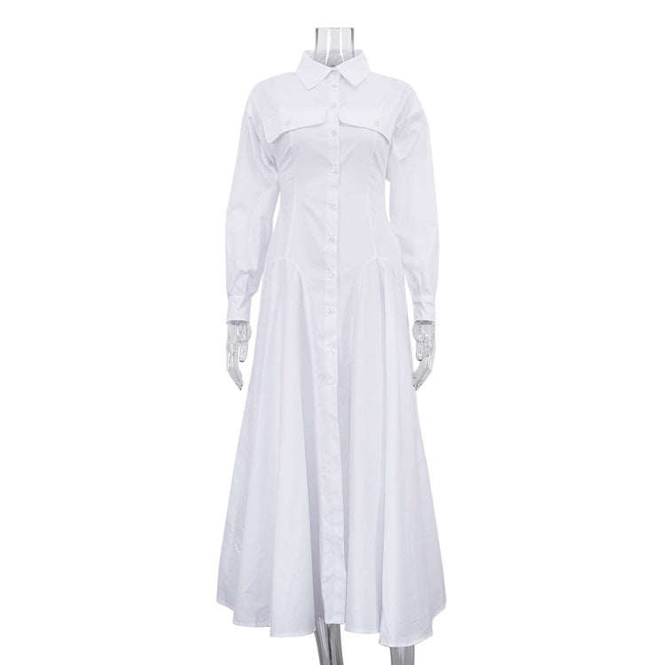 Design Pleated Single Breasted Shirt Dress Autumn Polo Collar Long Sleeve High Waist White Long Dress