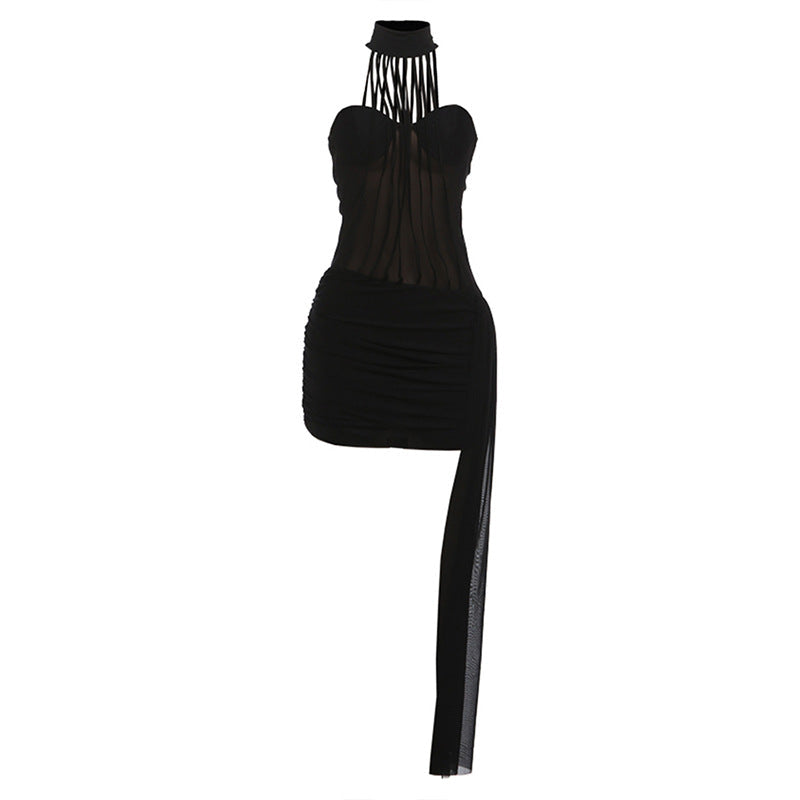 Autumn Winter Women Clothing Sexy Mesh Stitching Slim Slim Backless Halter Sheath Dress