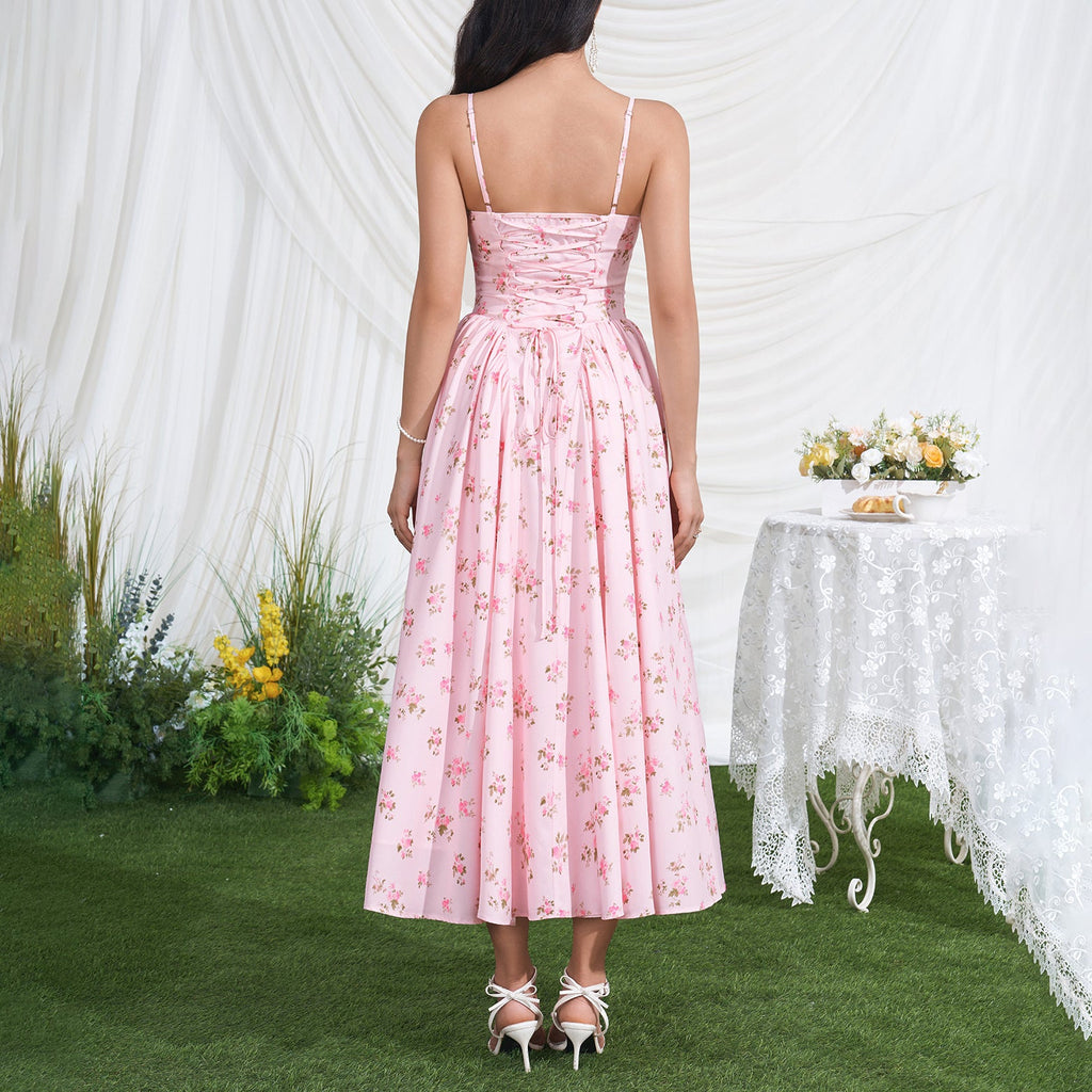 Vacation Low Collar Slip Dress Sexy Backless Lace up Waist Slimming Printed Pleated Midi Dress