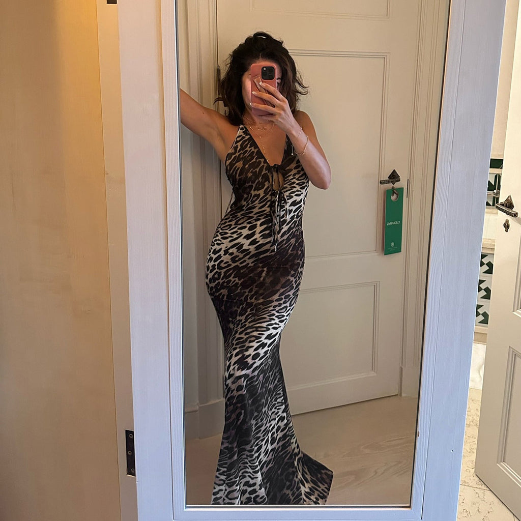 Sexy Party Formal Dress Leopard Print Backless Halter Tied V neck Dress