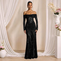 Autumn Elegant Lace Stitching off Shoulder Long Sleeve Narrow Dress Maxi Dress Women Evening Dress