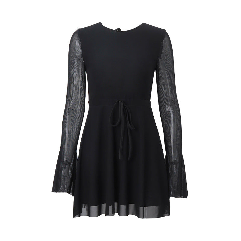 Fall Women Clothing Sexy Park Caiying Same Crew Neck Trumpet Long Sleeve Mesh Dress