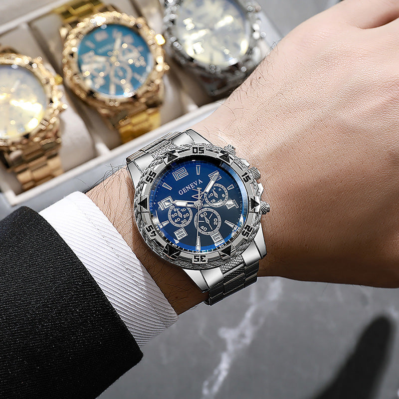 Men's Fake Three-Eye Casual Steel Band Watches