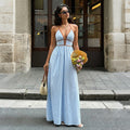 Summer V neck Striped Holiday Dress Elegant Backless Sleeveless Halter Maxi Dress Women