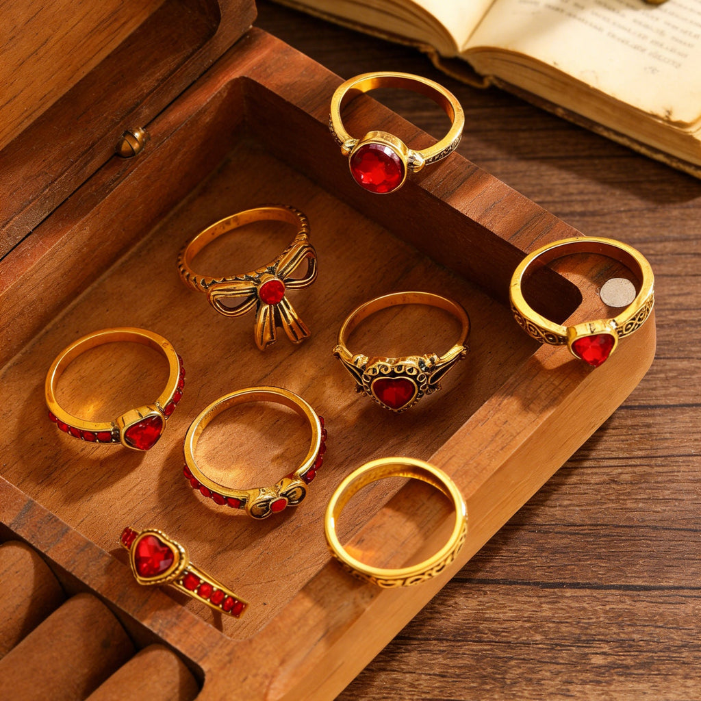 Art Vintage Palace Heart Geometric Red Zircon Bow Ring Women Luxury Band
