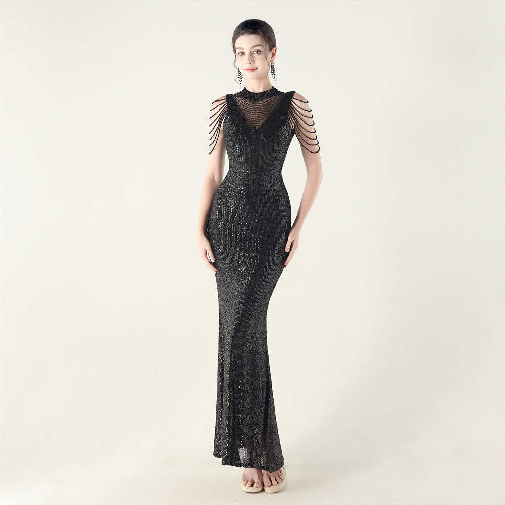 High Neck Fishtail Evening Dress Pearl Embroidery Sequined Crystal Diamond Decorations Red Carpet Wedding Cocktail Dress