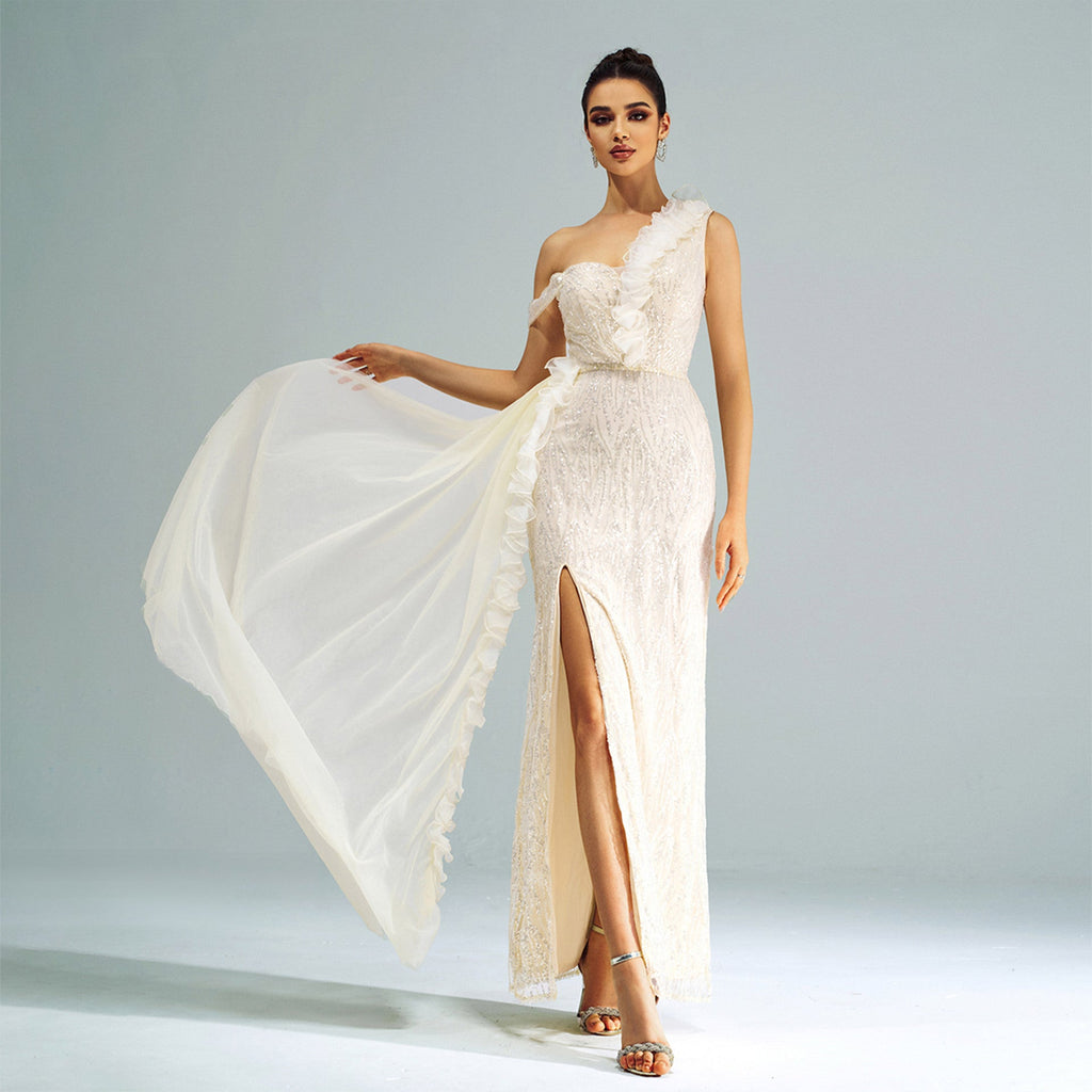 High Class Elegant Sleeveless One Shoulder Cold Shoulder Cocktail Sheath Sequined Split Evening Dress