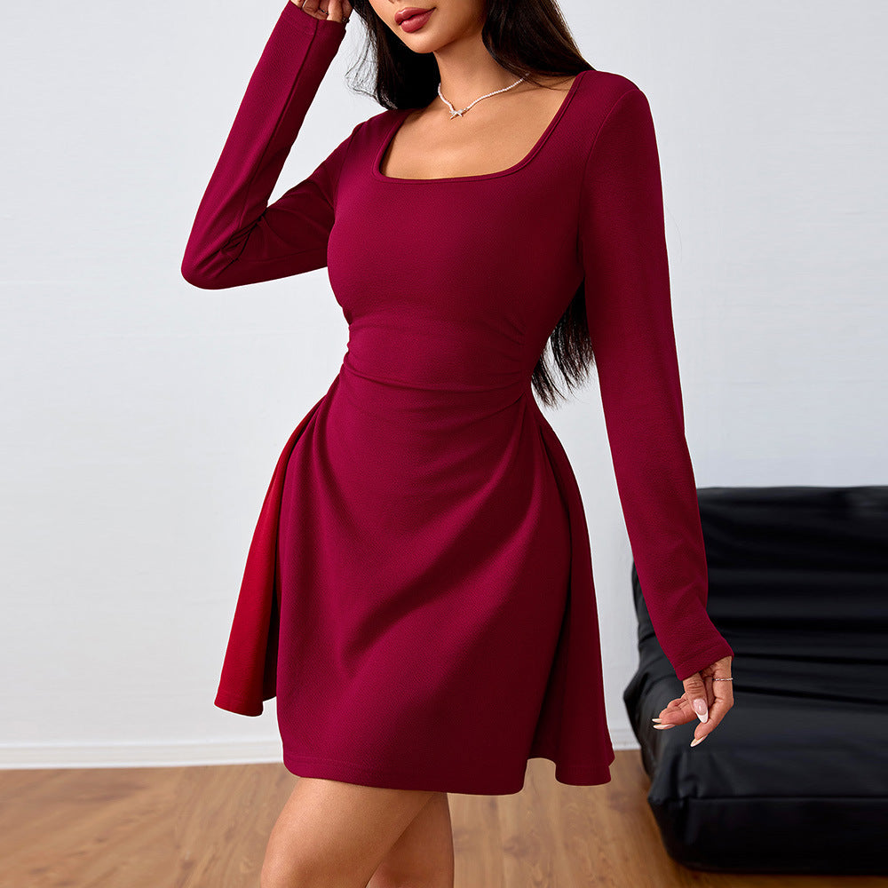 Spring Summer Women Clothing Square Collar Elegant Dress High Waist Design Dress