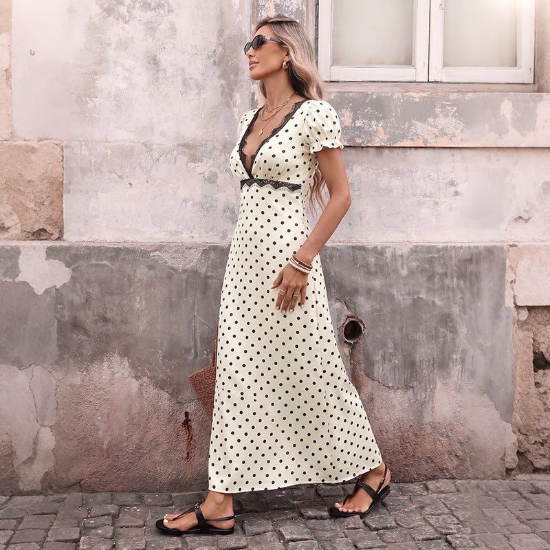 French Vacation Puff Sleeve Polka Dot Lace V neck Dress