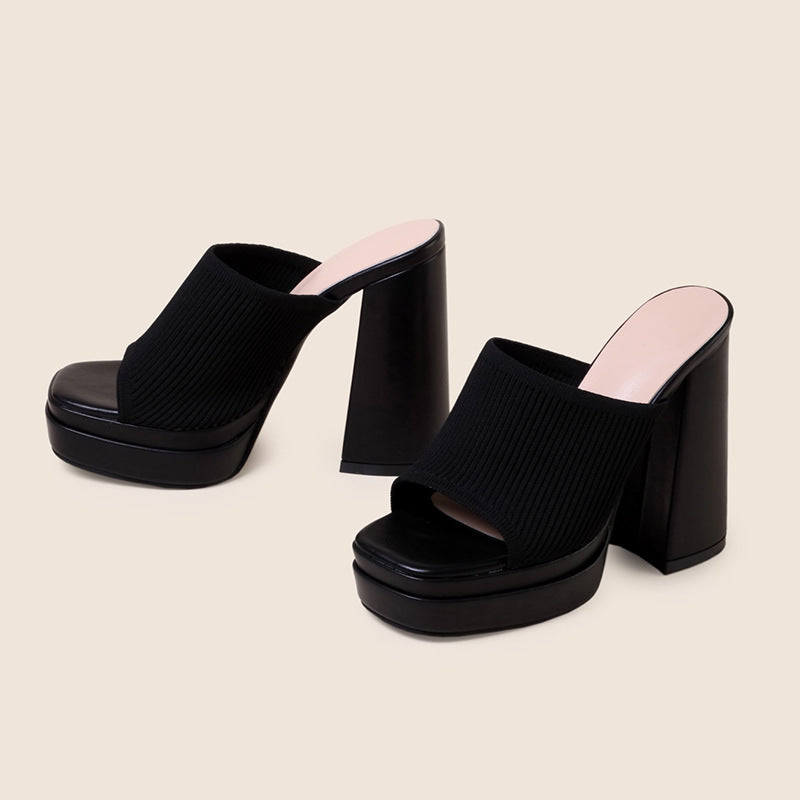Women Shoes Popular Spring Summer Catwalk Platform Knitted Fashionable Chunky Heel Women High Heel Slippers