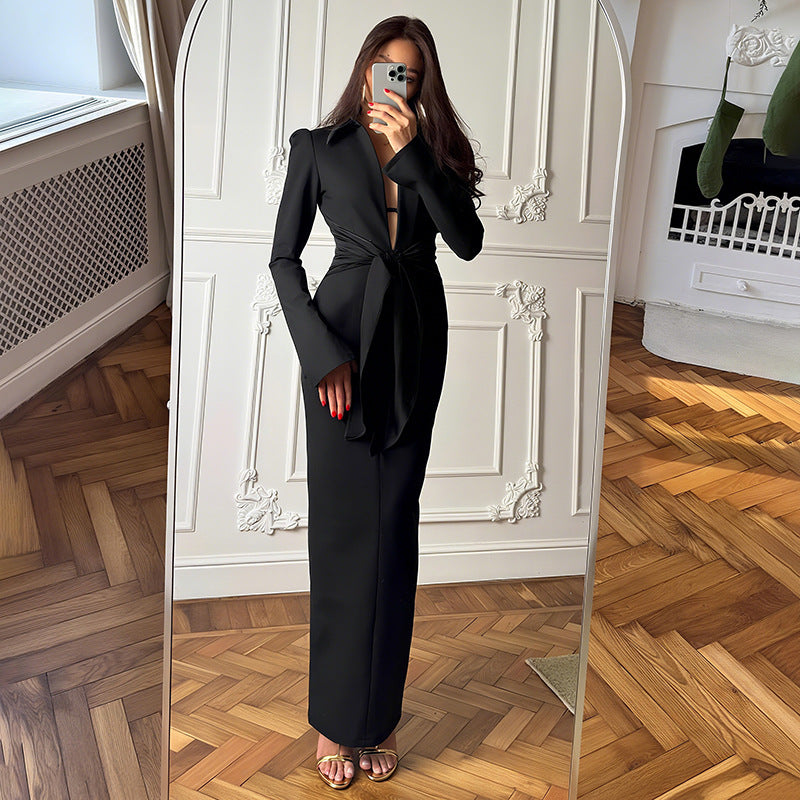 Fall Women Clothing Solid Color Collared Waist Tight Slim Fit Lace up Long Sleeve Zipper Dress
