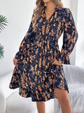 Women Clothing Spring Summer Casual Floral Flared Sleeve Waist A line Dress