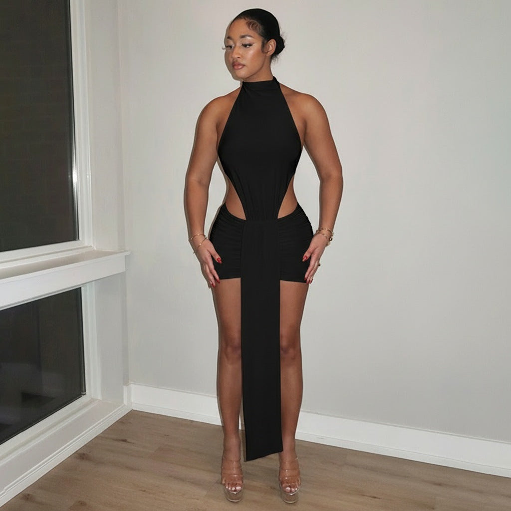 Women Clothing Spring Solid Color Stitching Sexy Slim Hollow Out Cutout Ribbon Short Sleeveless Dress