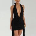 Winter Arrival Stylish Water Drop Decorative Ribbon Sexy V neck Halter Backless Sheath Dress