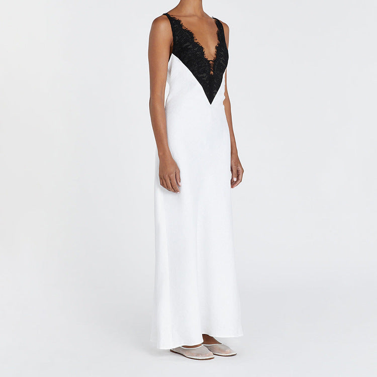 Stitching Design Lace Contrast Color Cami Dress Women Sexy Backless V neck Sleeveless Sheath Dress
