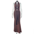 Women Clothing Fitted Waist Pleated Lace-up Hip Skirt Halter Sexy Backless Home Comfortable Maxi Dress