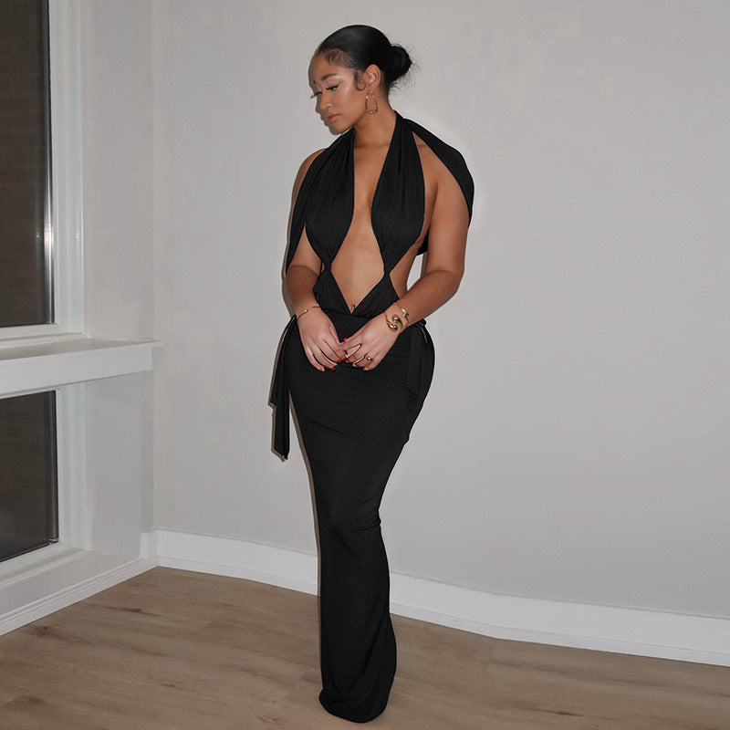 Women Clothing Spring Solid Color Sexy Pleated Hollow Out Cutout Backless Sleeveless Ribbon Maxi Dress