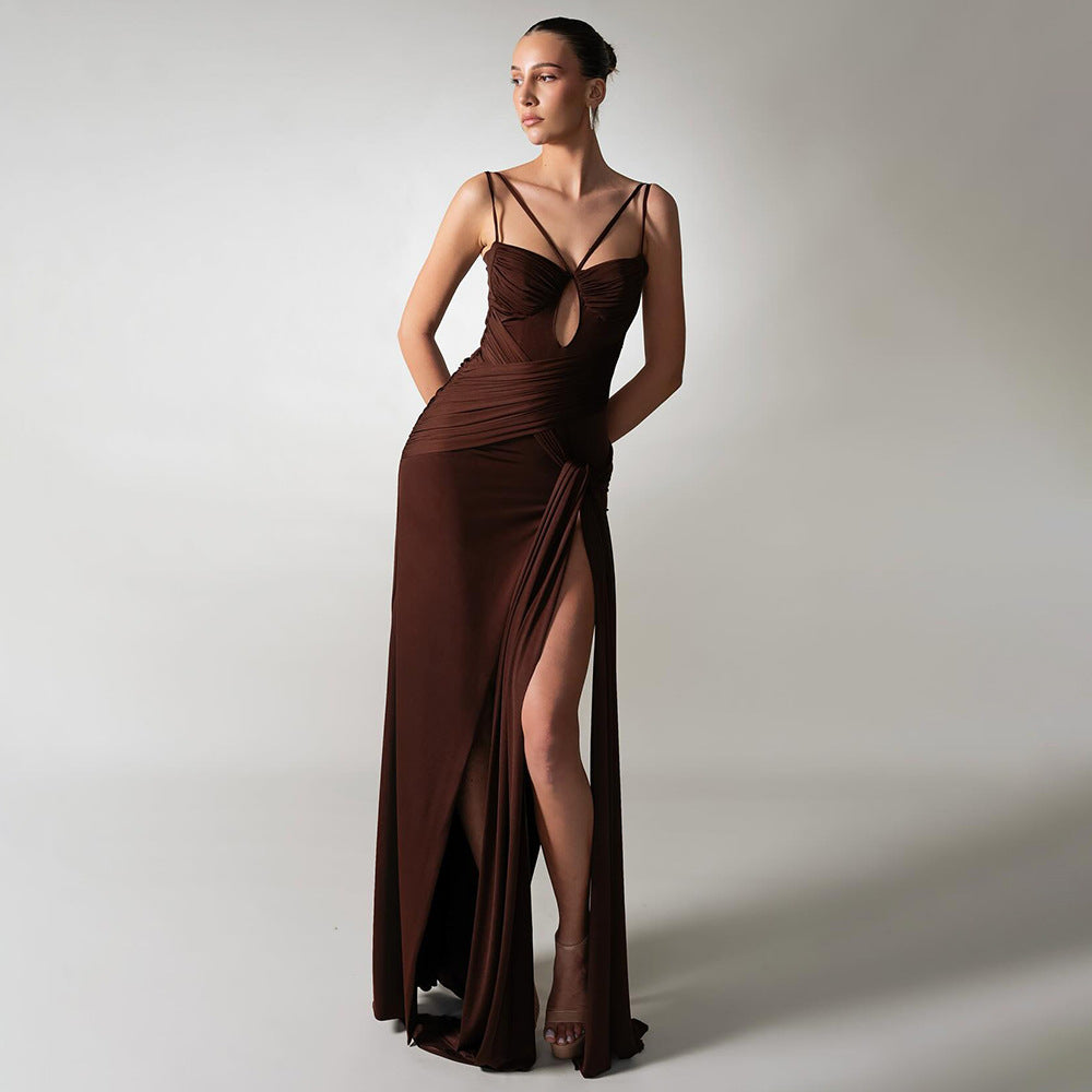 Dress Sexy Slim Fit Maxi Dress Backless Brown Pleating Ribbon Dress
