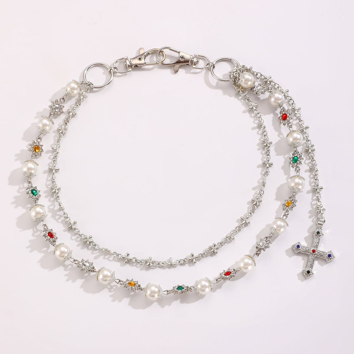 Vintage Multi-Layer Cross Pendant Pearl Flower Color Waist Chain Fashion Pants Chain