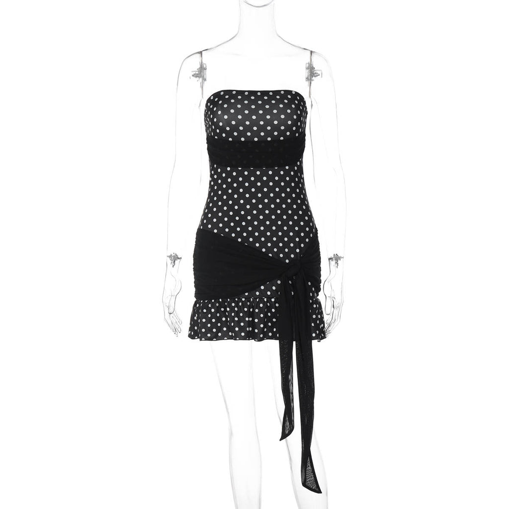 Sweet Short Dress Polka Dot Printed Waist Controlled Tube Top Stitching Contrast Color Patch Tied Dress