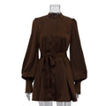 Women Clothing Autumn Stand up Collar Long Sleeved Lace up A line Short Dress