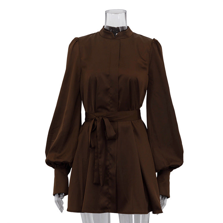 Women Clothing Autumn Stand up Collar Long Sleeved Lace up A line Short Dress