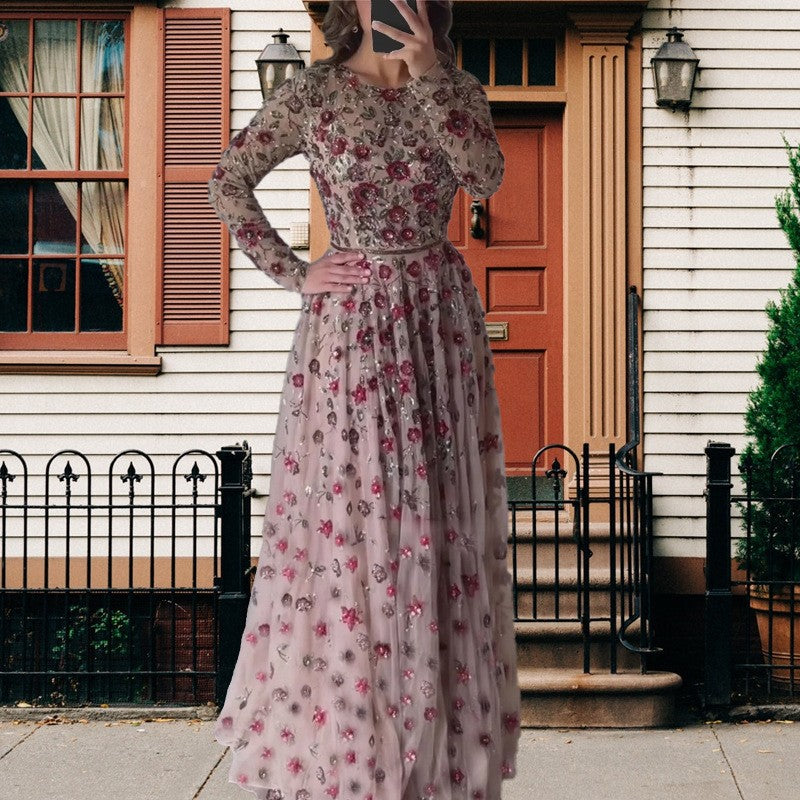 Summer Sexy Slim Fit Slimming Mid Length Long Sleeve Waist Tight Three Dimensional Floral Large Swing Dress