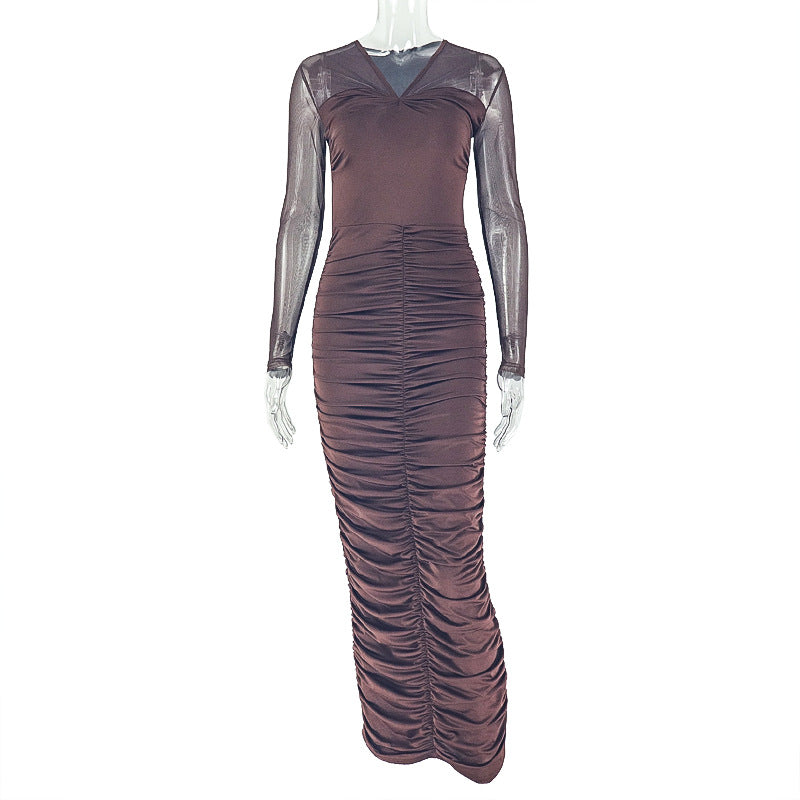 Women Clothing Pleated Slim Fit Elegant V neck Hip Dress Long Sleeve Solid Color Street Step Dress