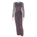 Women Clothing Pleated Slim Fit Elegant V neck Hip Dress Long Sleeve Solid Color Street Step Dress