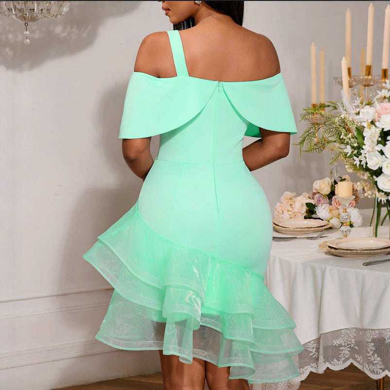 Sexy One Shoulder Irregular Asymmetric Hip Wrapped Dress Bowknot off the Shoulder Waist Party Bridesmaid Dress