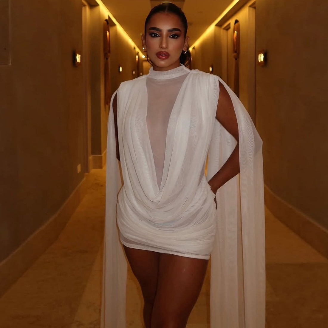 Autumn Winter Women Half Turtleneck Double Layer Stitching Mesh Ribbon Hip Wrapped Sexy Dress