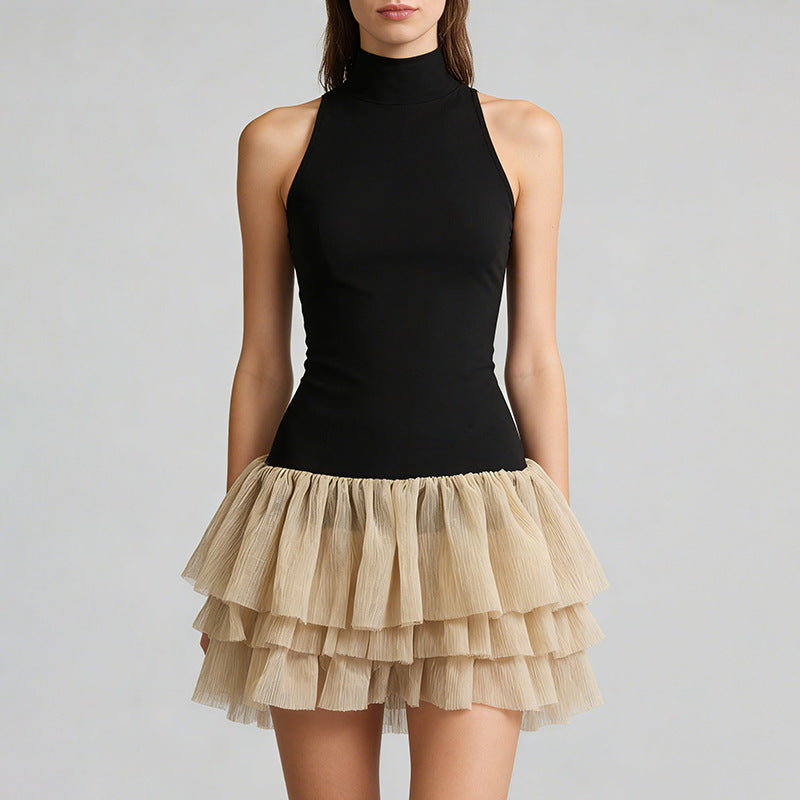 French Elegant Color Contrast Short Dress Women Sleeveless Stand up Collar Slim Fit Simple Bubble Dress
