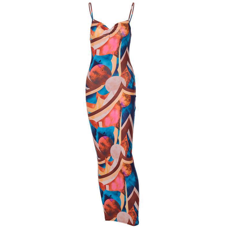 Summer Women Nightclub Sexy Abstract Printing Slip Dress
