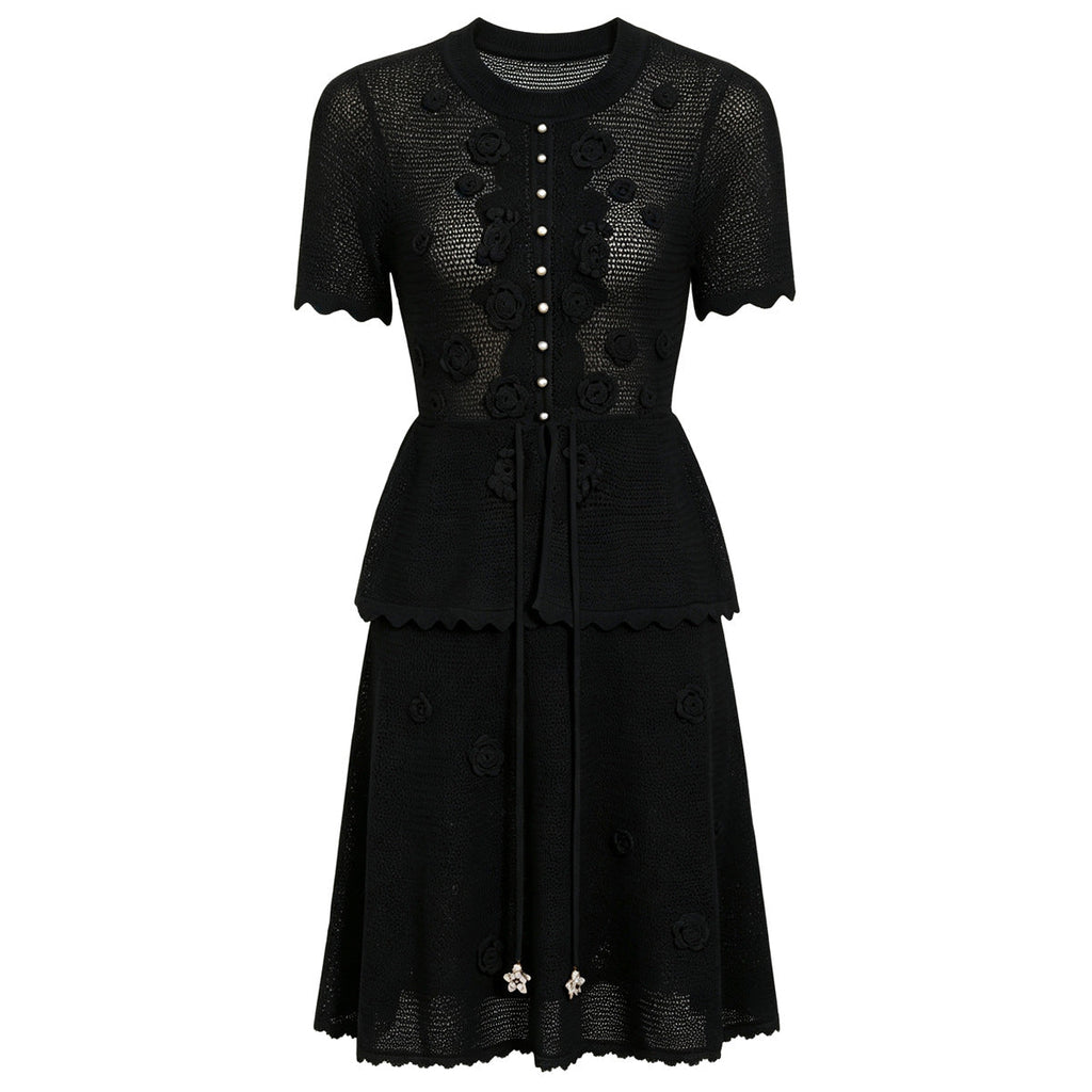 Summer Fashionable Knitted Heavy Embroidery Slimming Short Sleeve Dress for Women