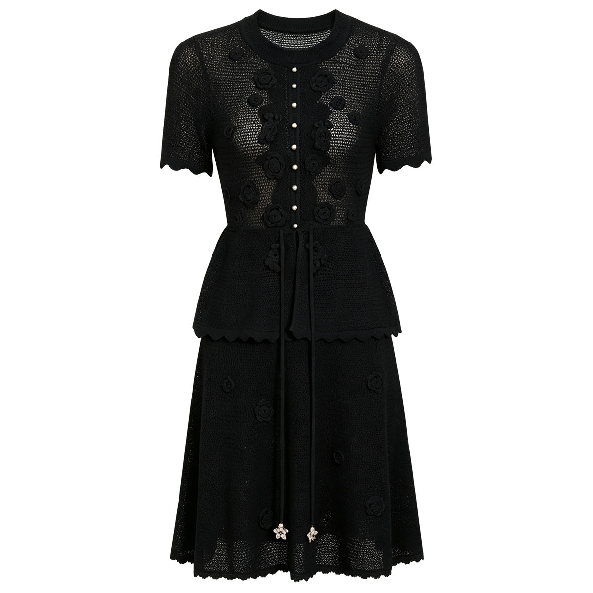 Summer Fashionable Knitted Heavy Embroidery Slimming Short Sleeve Dress for Women