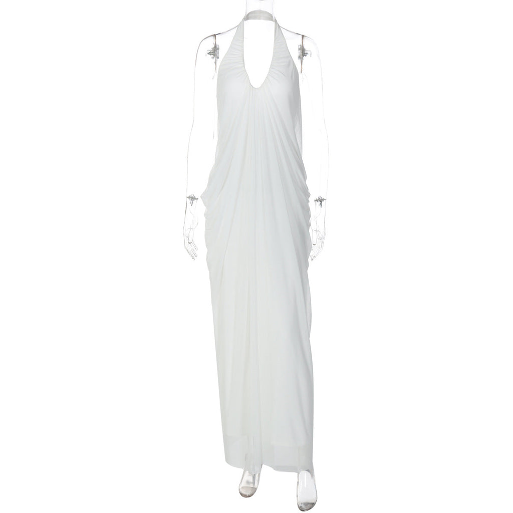 Women Clothing Autumn Sexy Loose Backless Sleeveless V neck Pleated Long Halter Mesh Dress
