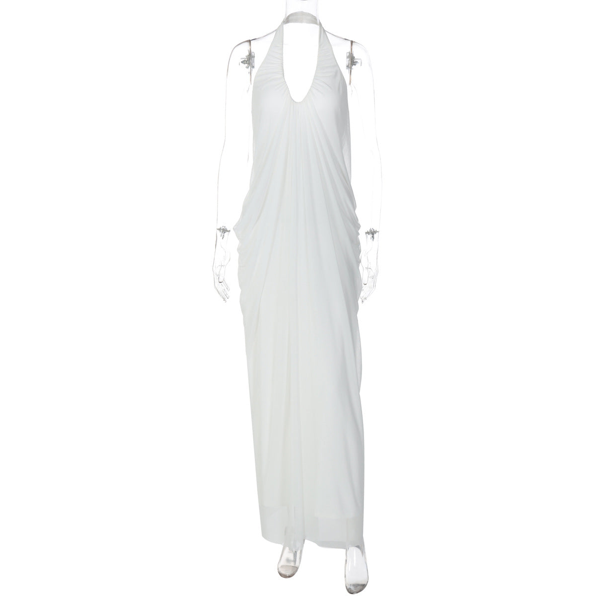 Women Clothing Autumn Sexy Loose Backless Sleeveless V neck Pleated Long Halter Mesh Dress