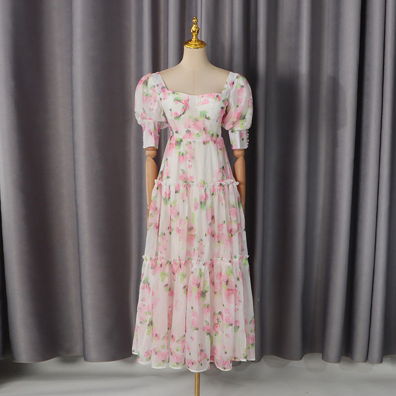 Romantic Retro Dress off Shoulder Heart Shaped Tube Top Boning Corset Waist Slimming Printed Dress