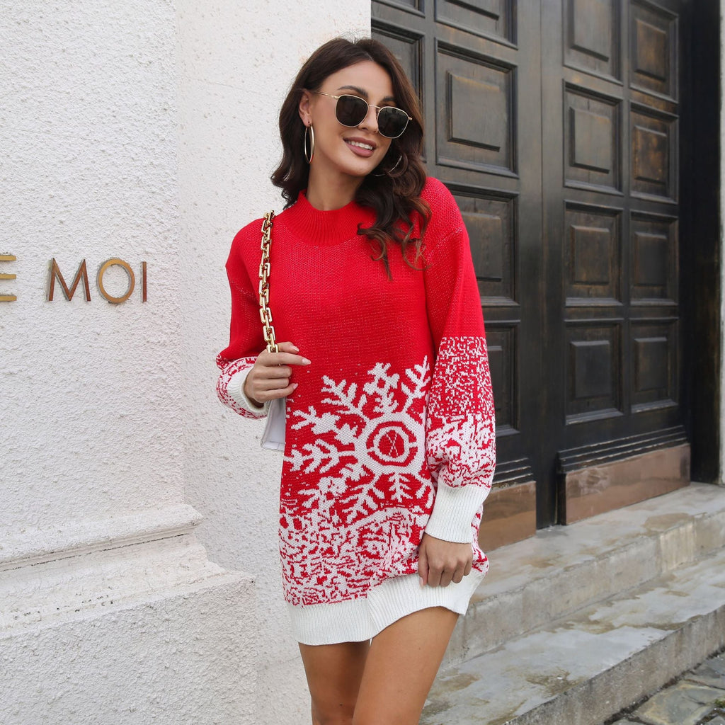 Christmas Woolen Women Snowflake Jacquard Lantern Sleeve Loose Knitted Dress Autumn Winter Women Clothing