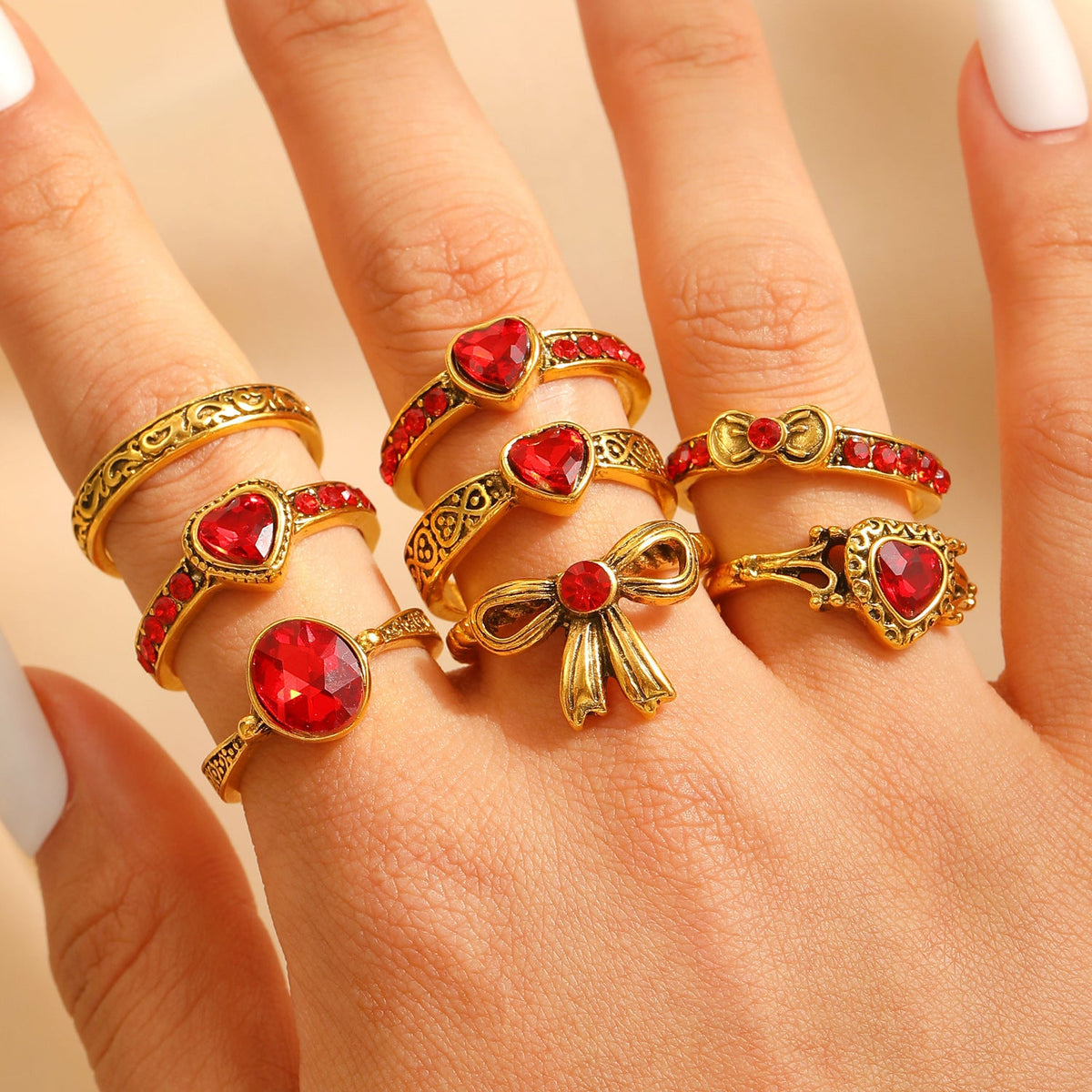 Art Vintage Palace Heart Geometric Red Zircon Bow Ring Women Luxury Band