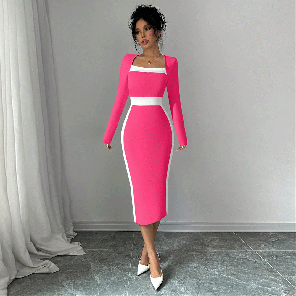 Women Clothing Stitching Contrast Color Midi Dress Sexy Sheath Long Sleeve Dress
