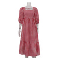 Autumn Red Plaid Square Collar Half Sleeve Lace up French Dress Women Casual Dress