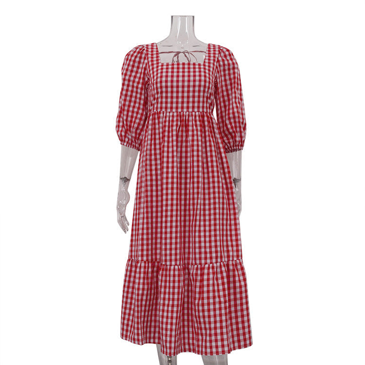 Autumn Red Plaid Square Collar Half Sleeve Lace up French Dress Women Casual Dress