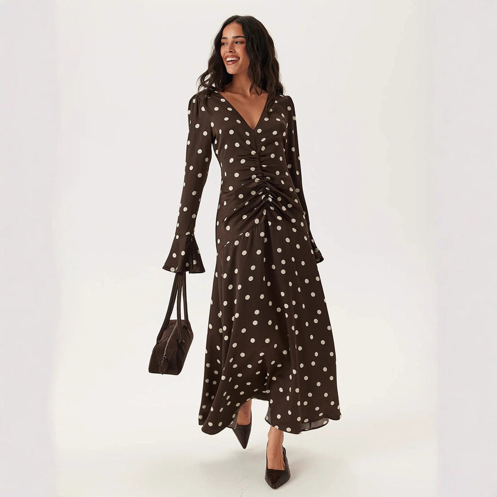 Polka Dot Long Sleeve Dress Summer Women Pleating V neck Flared Sleeves Waist Dress