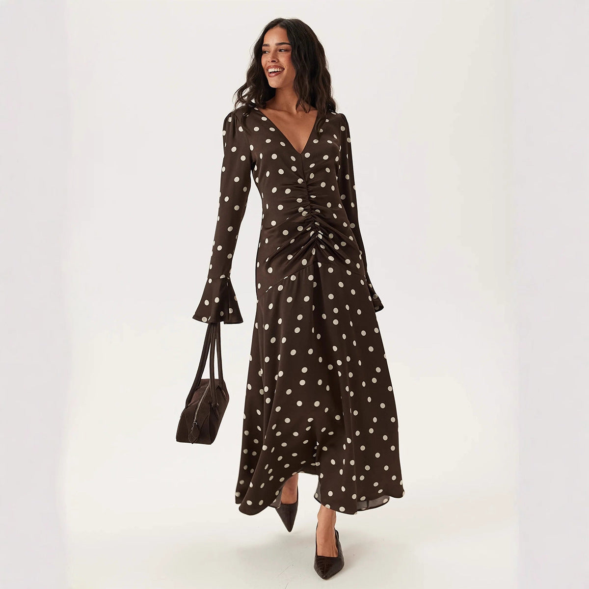Polka Dot Long Sleeve Dress Summer Women Pleating V neck Flared Sleeves Waist Dress