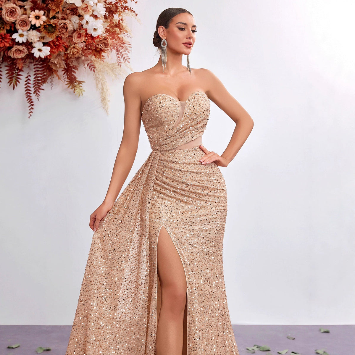 Light Luxury Sequ Tube Top Sexy High Waist Slit Fishtail Evening Dress Cocktail High Grade Socialite Dress