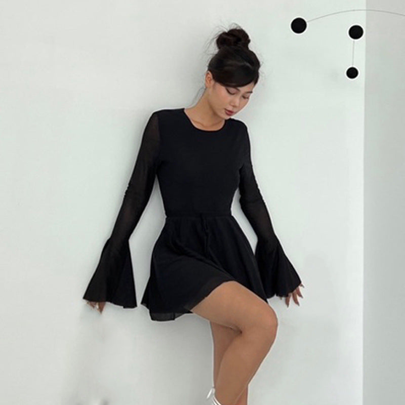 Fall Women Clothing Sexy Park Caiying Same Crew Neck Trumpet Long Sleeve Mesh Dress