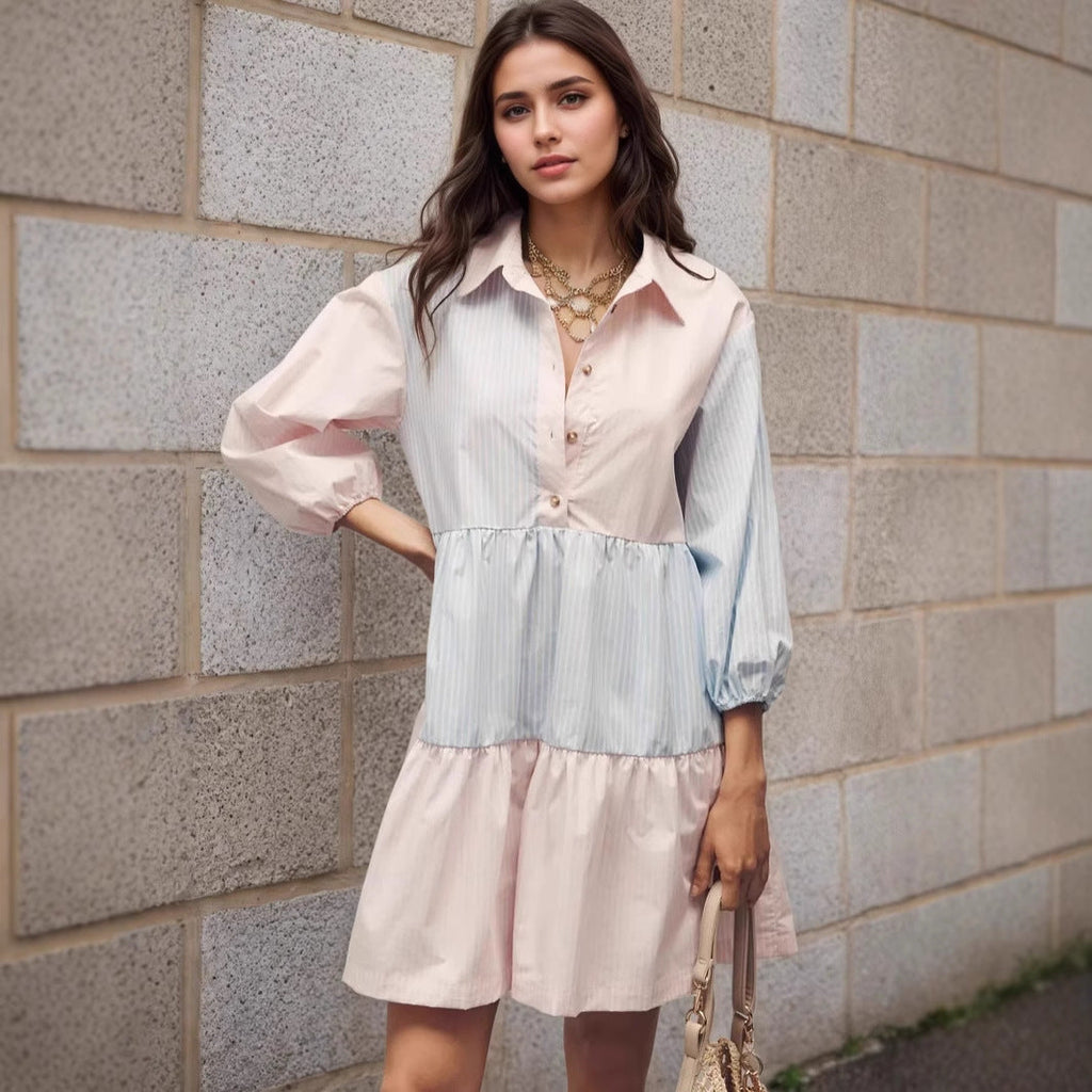 Fresh Pink Blue Contrast Color Striped Collared Lantern Sleeve Tiered Swing Loose Stitching Shirt Dress