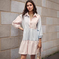 Fresh Pink Blue Contrast Color Striped Collared Lantern Sleeve Tiered Swing Loose Stitching Shirt Dress